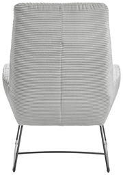 Rückansicht eines modernen Sessels mit grauem, geripptem Stoffbezug und schlanken Metallbeinen.