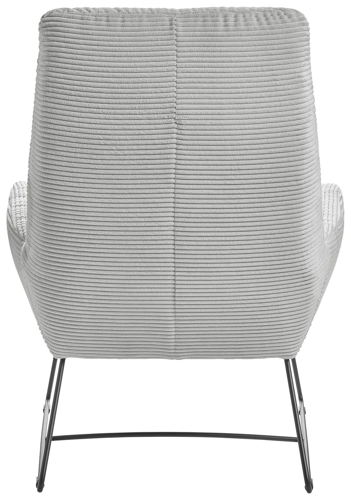 Rückansicht eines modernen Sessels mit grauem, geripptem Stoffbezug und schlanken Metallbeinen.