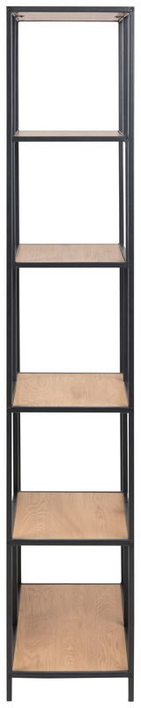 Regal mit fünf Holzböden und schwarzem Metallrahmen, frontale Ansicht