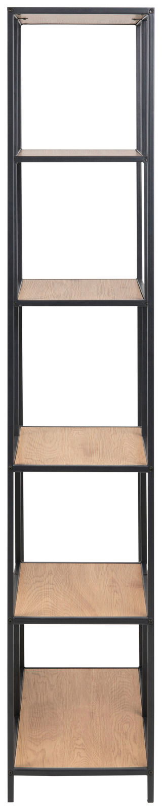 Regal mit fünf Holzböden und schwarzem Metallrahmen, frontale Ansicht