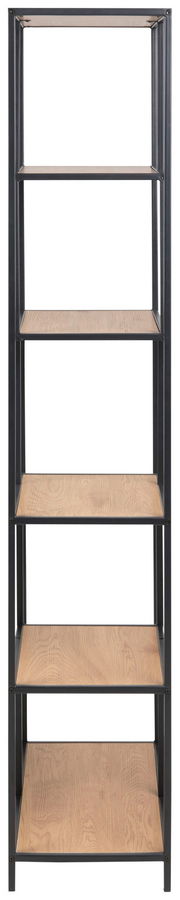 Regal mit fünf Holzböden und schwarzem Metallrahmen, frontale Ansicht