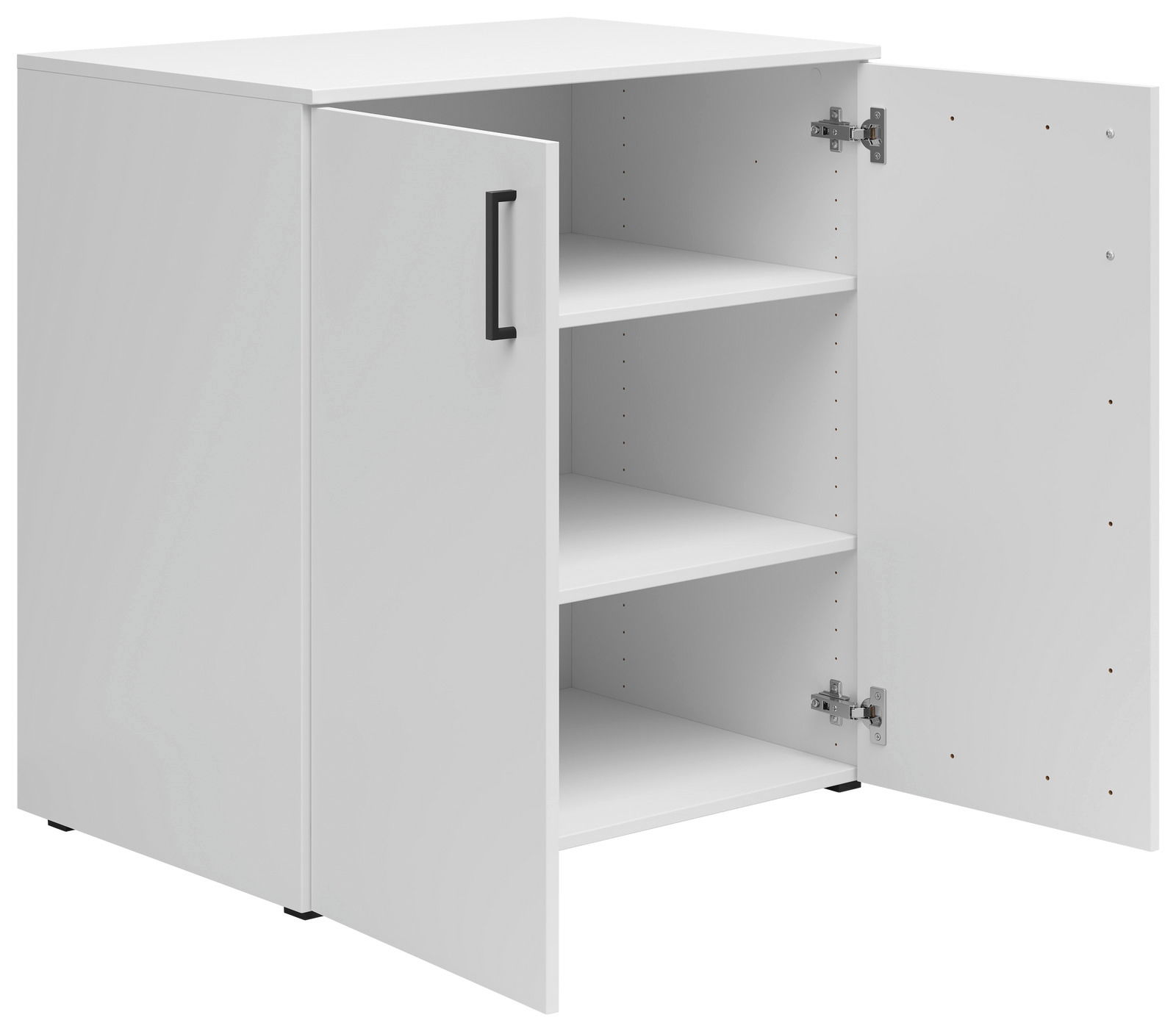 Weiße Kommode mit zwei offenen Türen, drei Regalböden und schwarzem Griff, seitliche Perspektive