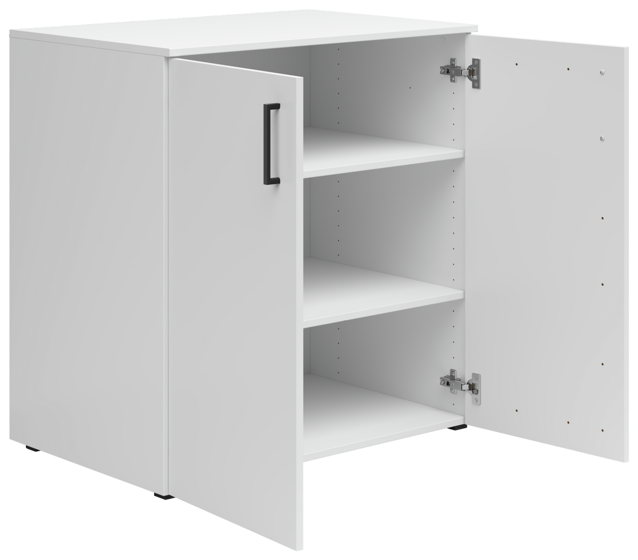 Weiße Kommode mit zwei offenen Türen, drei Regalböden und schwarzem Griff, seitliche Perspektive