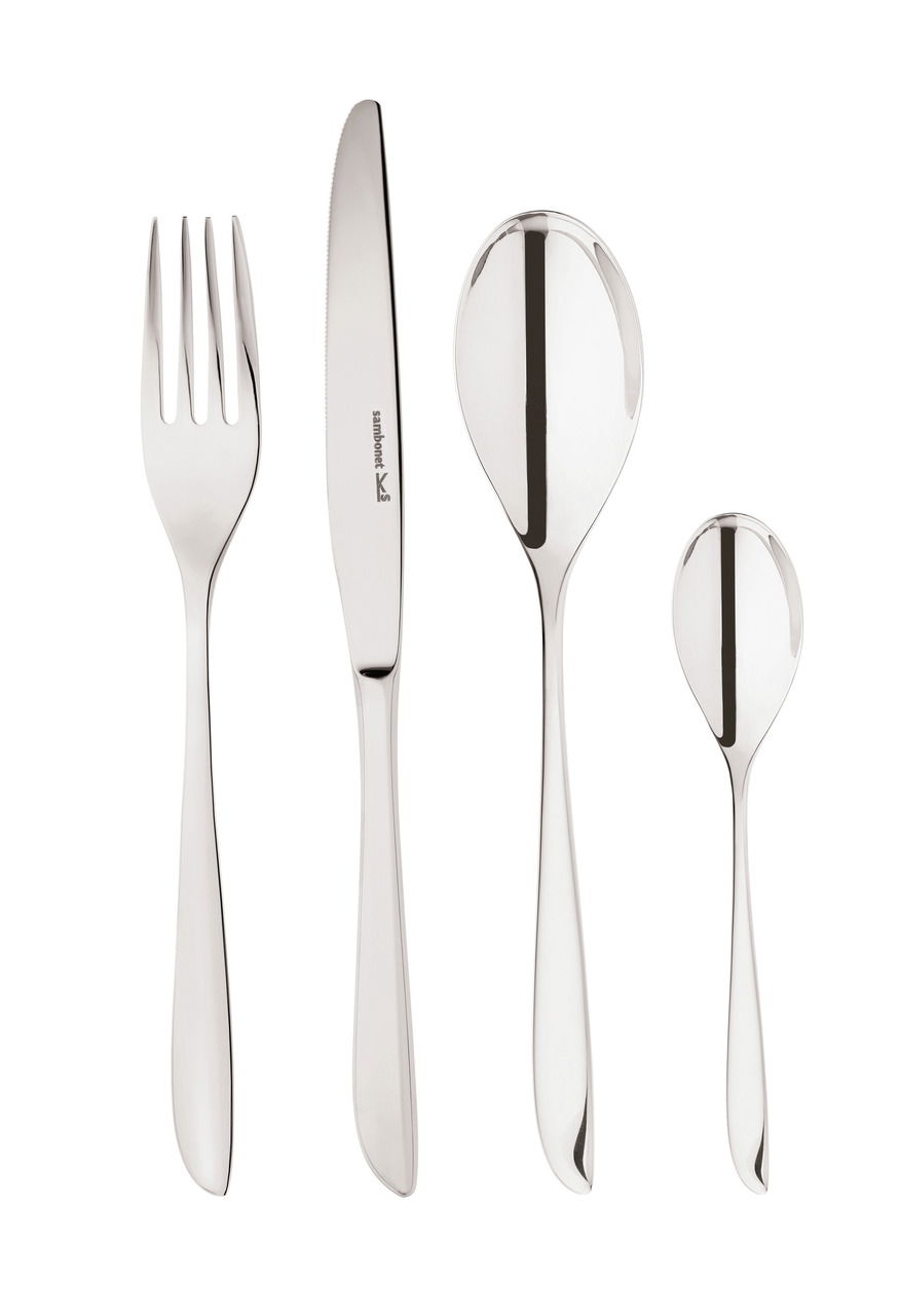 Vierteilige Besteckgarnitur aus Edelstahl, bestehend aus Gabel, Messer, Esslöffel und Teelöffel, in einer frontalen Ansicht.