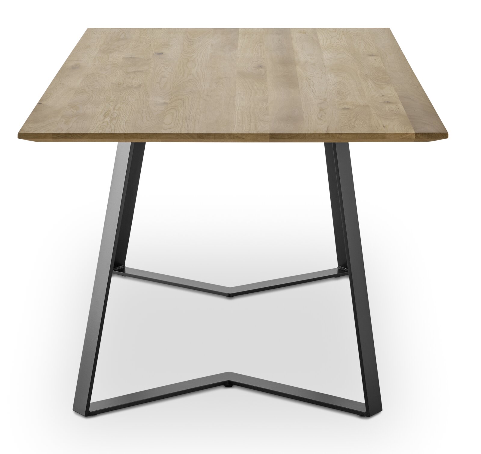 Moderner Esstisch mit Holzplatte und schwarzem Metallgestell, Frontalansicht