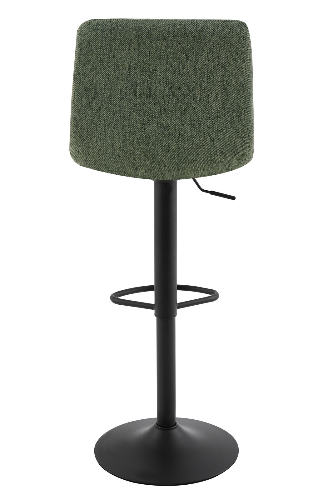 Rückansicht eines Barhockers mit grünem Stoffbezug und schwarzem Metallgestell.