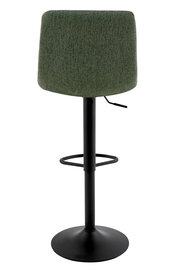 Rückansicht eines Barhockers mit grünem Stoffbezug und schwarzem Metallgestell.