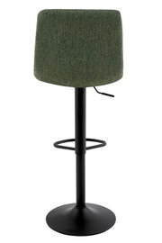 Achterkant van een barkruk met groene stoffen bekleding en een zwart metalen frame.