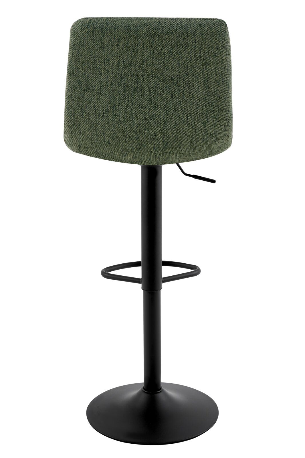 Achterkant van een barkruk met groene stoffen bekleding en een zwart metalen frame.