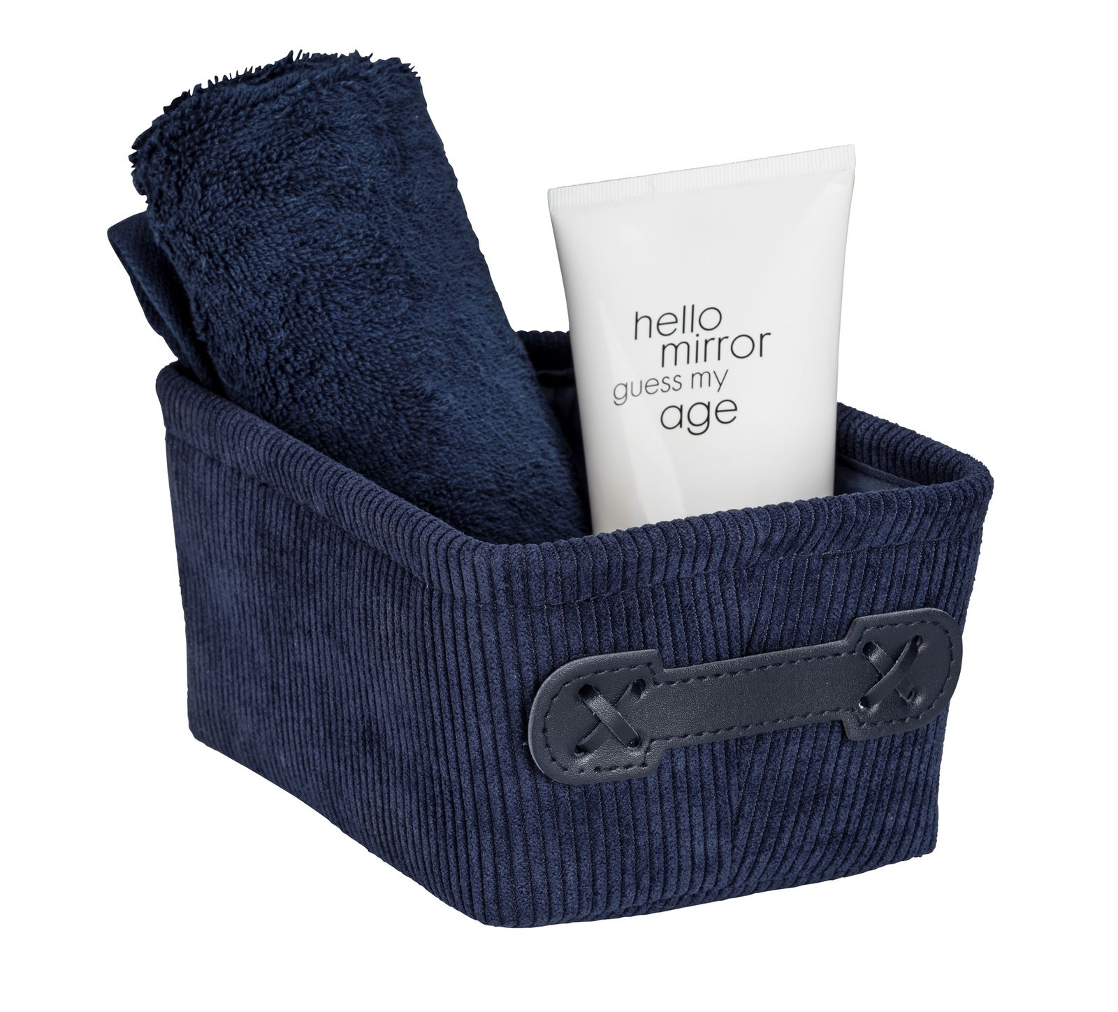 Dunkelblauer Badkorb Anela mini, long mit Handtuch und Tube, seitliche Perspektive