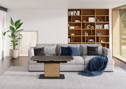 Moderner Couchtisch mit Holz- und Metallelementen, frontal vor einem grauen Sofa mit blauen und schwarzen Kissen, in einem hellen Wohnzimmer mit Bücherregal im Hintergrund.