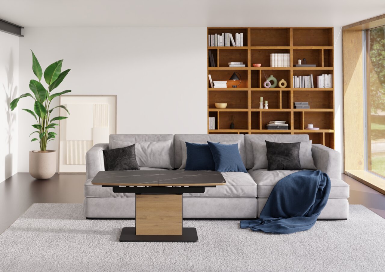 Venda Salontafel 2327 Moderne salontafel met houten en metalen elementen, gezien van voren voor een grijze bank met blauwe en zwarte kussens, in een lichte woonkamer met een boekenkast op de achtergrond.