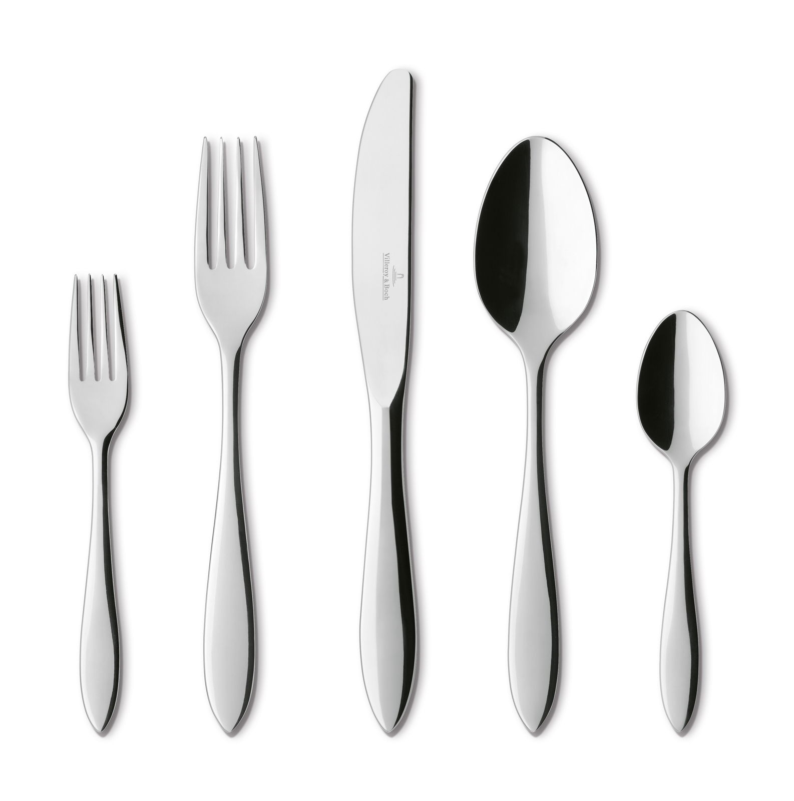 Set aus fünf glänzenden Besteckteilen, bestehend aus Gabel, Messer, Löffel, Dessertgabel und Teelöffel, in Frontalansicht.