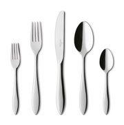Set aus fünf glänzenden Besteckteilen, bestehend aus Gabel, Messer, Löffel, Dessertgabel und Teelöffel, in Frontalansicht.