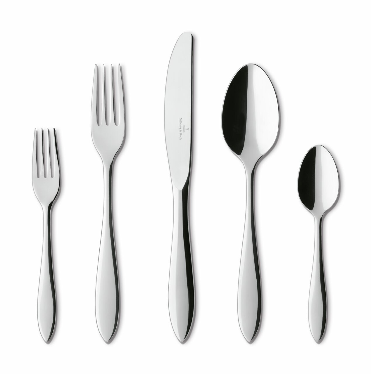 Set aus fünf glänzenden Besteckteilen, bestehend aus Gabel, Messer, Löffel, Dessertgabel und Teelöffel, in Frontalansicht.