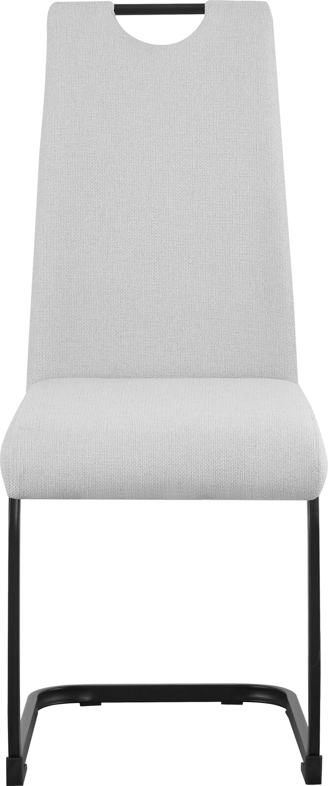 Beiger Polsterstuhl mit hoher Rückenlehne und schwarzem Metallgestell, Frontalansicht