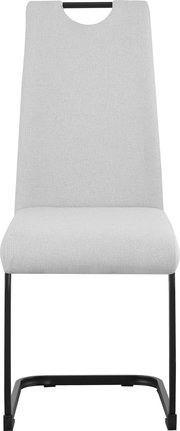 Beiger Polsterstuhl mit hoher Rückenlehne und schwarzem Metallgestell, Frontalansicht