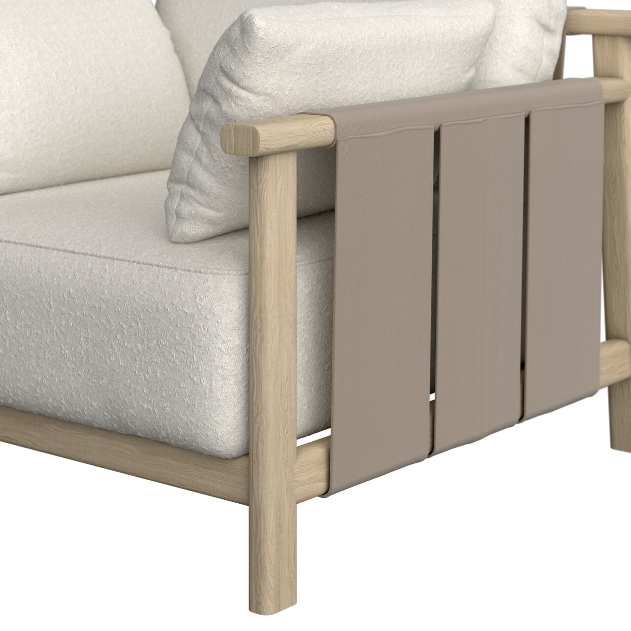Close-up van een loungestoel met een lichthouten frame en een beige stoffen bekleding, gezien vanaf de zijkant