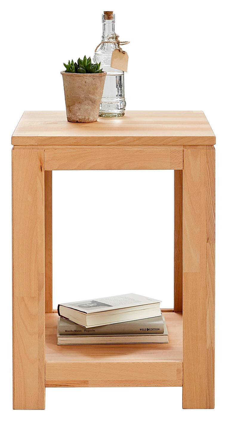 Linea Natura Beistelltisch OSLO Beistelltisch aus Holz mit Pflanze und Flasche auf der Oberseite, Bücher im unteren Fach, Frontalansicht