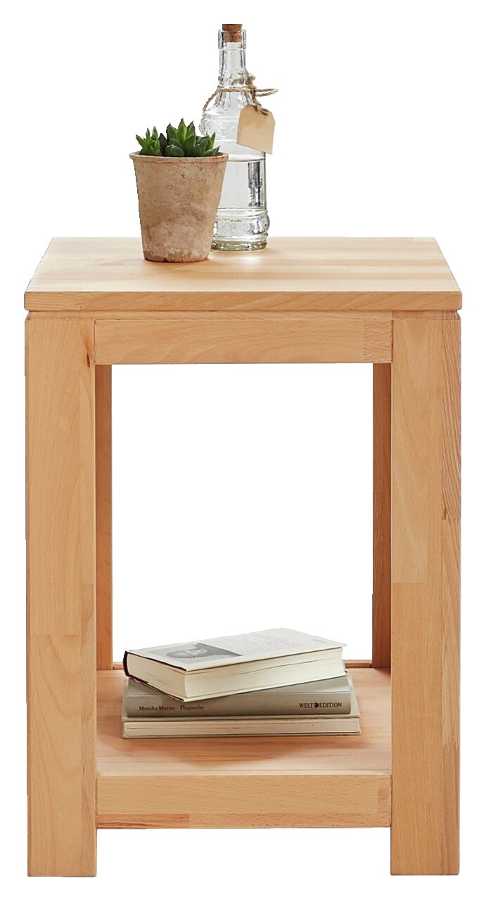 Beistelltisch aus Holz mit Pflanze und Flasche auf der Oberseite, Bücher im unteren Fach, Frontalansicht