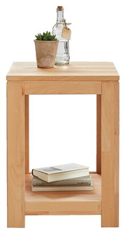 Houten bijzettafel met een plant en een fles op het blad, boeken in het onderste vak, vooraanzicht
