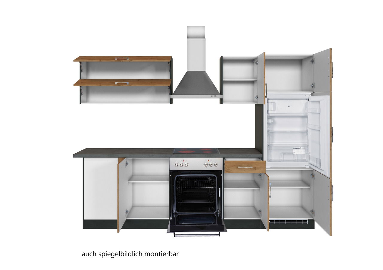 Eck-Küchenzeile 210/270 mit offenem Kühlschrank, Herd und Dunstabzugshaube, aus der frontalen Perspektive.