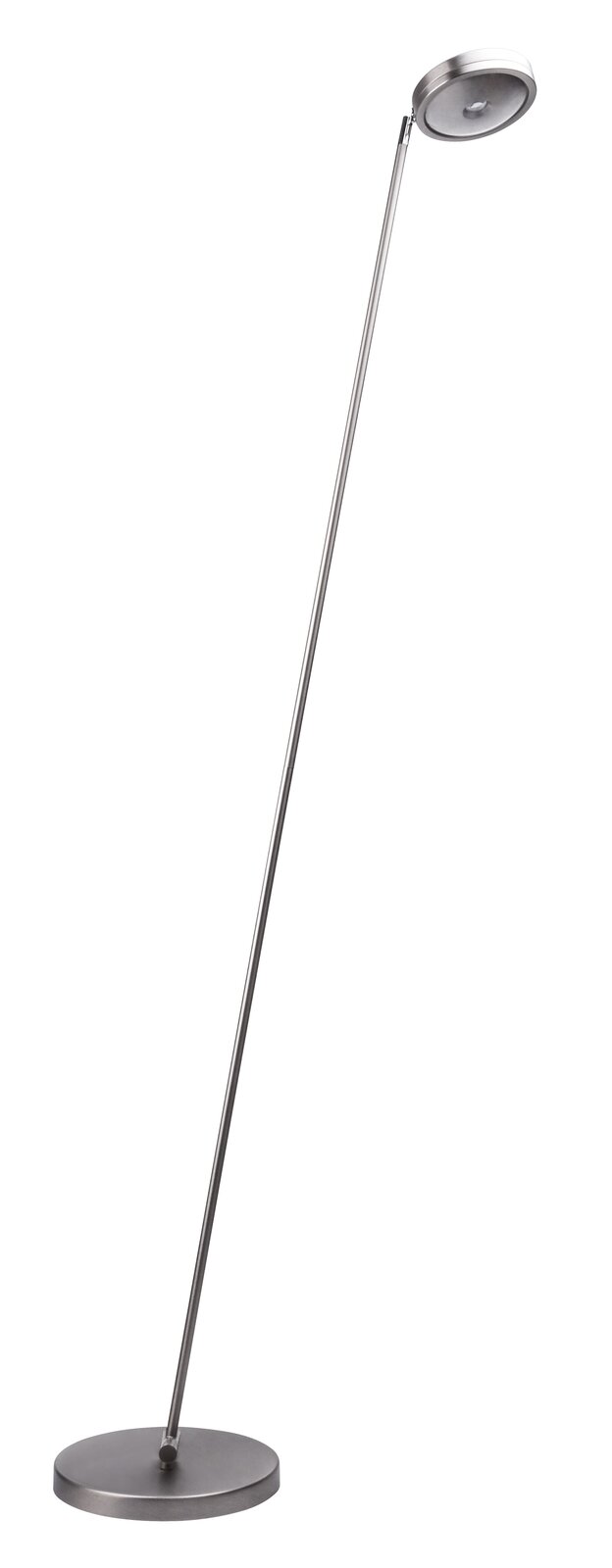 Moderne LED-Stehleuchte OTTICA STANDO in seitlicher Perspektive mit schlankem, geneigtem Design und rundem Lampenkopf.