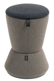 Grauer Bürohocker mit Stoffbezug, seitliche Ansicht