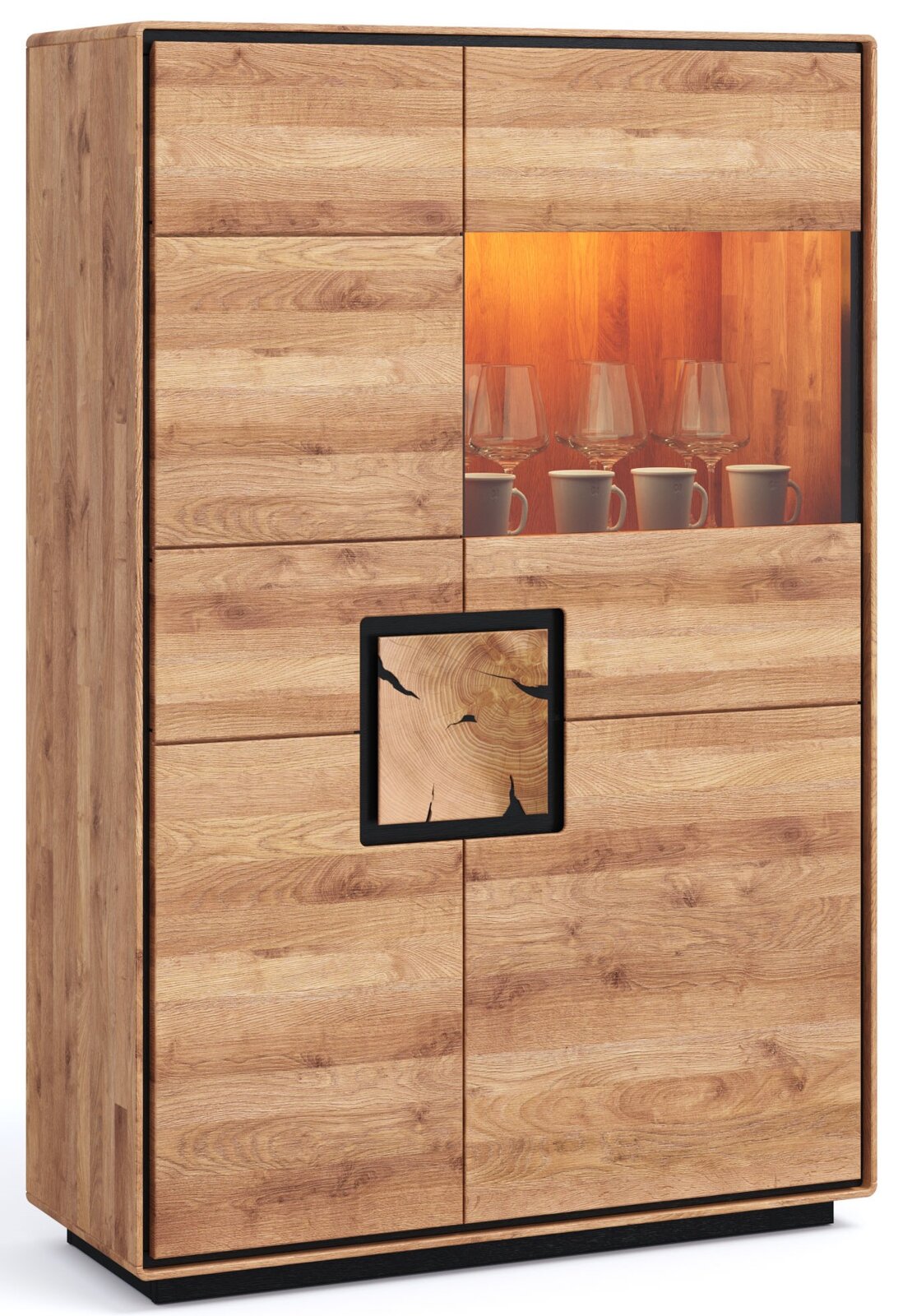 Landscape Highboard II BRIXEN Hoher Holzschrank/Vitrine in Eichenoptik mit teiloffenem Fach und sichtbaren Gläsern sowie dekorativem Einsatz, freigestellt in leichter Frontansicht mit linksseitiger Perspektive