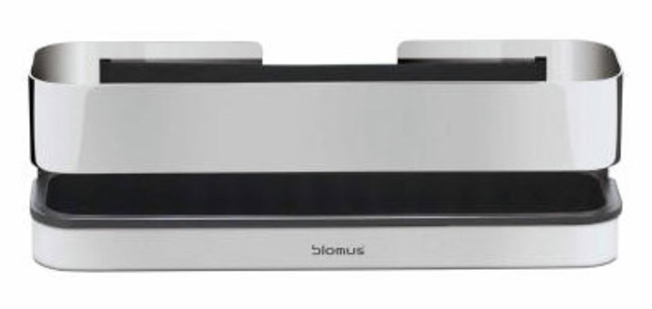 Moderner, polierter Duschkorb aus Edelstahl, frontal abgebildet, ideal zur Aufbewahrung von Duschutensilien.