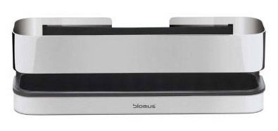 Moderner, polierter Duschkorb aus Edelstahl, frontal abgebildet, ideal zur Aufbewahrung von Duschutensilien.