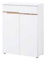 Moderner weißer Schuhschrank mit Holzdetail, frontal abgebildet.