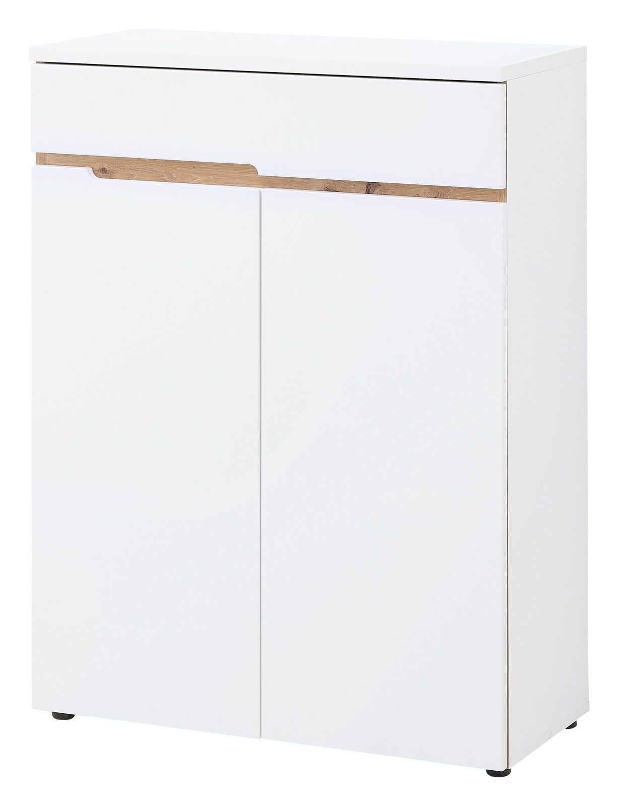 XORA Schuhschrank MEMPHIS Moderner weißer Schuhschrank mit Holzdetail, frontal abgebildet.