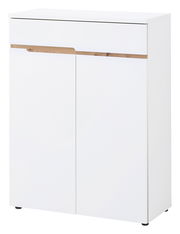 Moderner weißer Schuhschrank mit Holzdetail, frontal abgebildet.