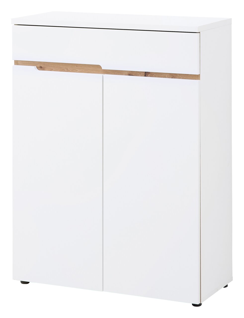 Moderner weißer Schuhschrank mit Holzdetail, frontal abgebildet.