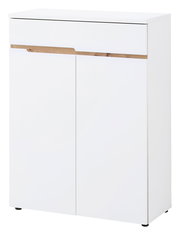 Moderner weißer Schuhschrank mit Holzdetail, frontal abgebildet.