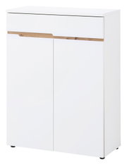 Moderne witte schoenenkast met houten details, afgebeeld van voren.