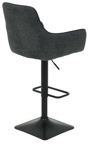 Rückansicht eines modernen Barhockers mit schwarzem Metallgestell und grauem Stoffbezug.