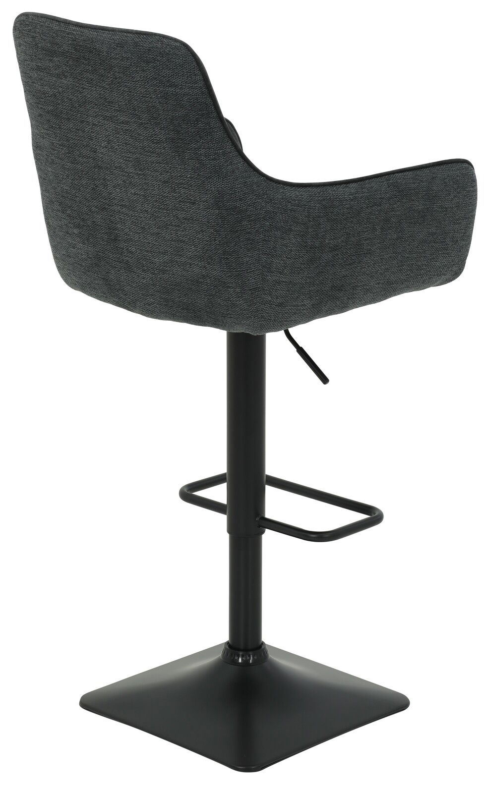 Rückansicht eines modernen Barhockers mit schwarzem Metallgestell und grauem Stoffbezug.