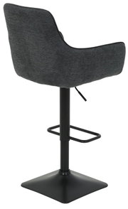 Achterkant van een moderne barkruk met een zwart metalen frame en een grijze stoffen bekleding.
