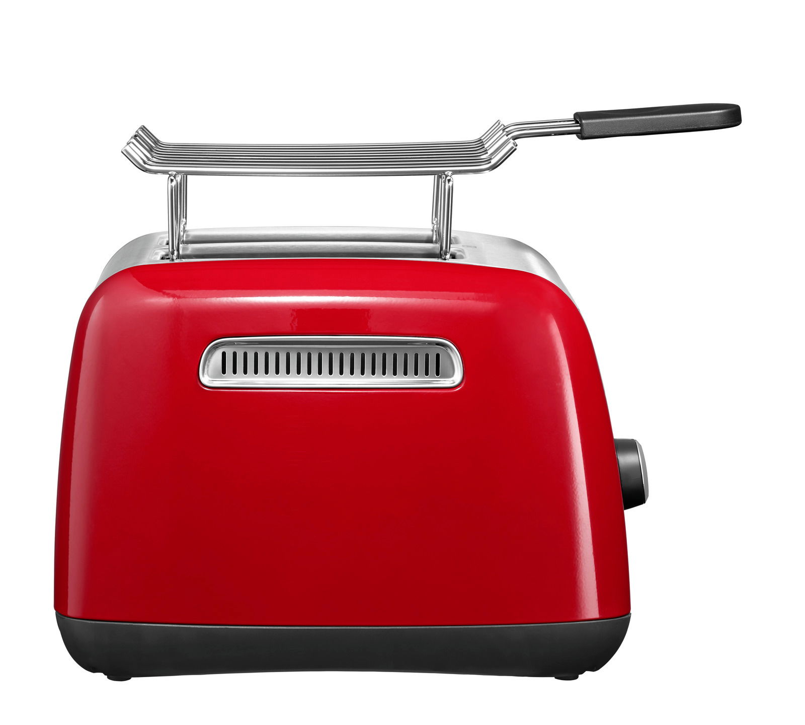 Roter Kitchen Aid Toaster, Rückansicht mit Hebel und Lüftungsschlitzen