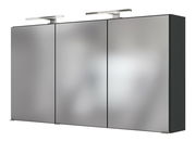 Moderner Spiegelschrank mit drei Türen und integrierter Beleuchtung, seitliche Perspektive