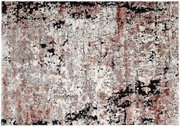 Designer Teppich mit abstraktem Muster in Rot-, Grau- und Schwarztönen, Draufsicht