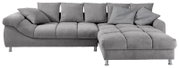 Graues Ecksofa der Serie BROOKLYN mit fünf Rückenkissen und zwei Zierkissen, Perspektive von vorne.