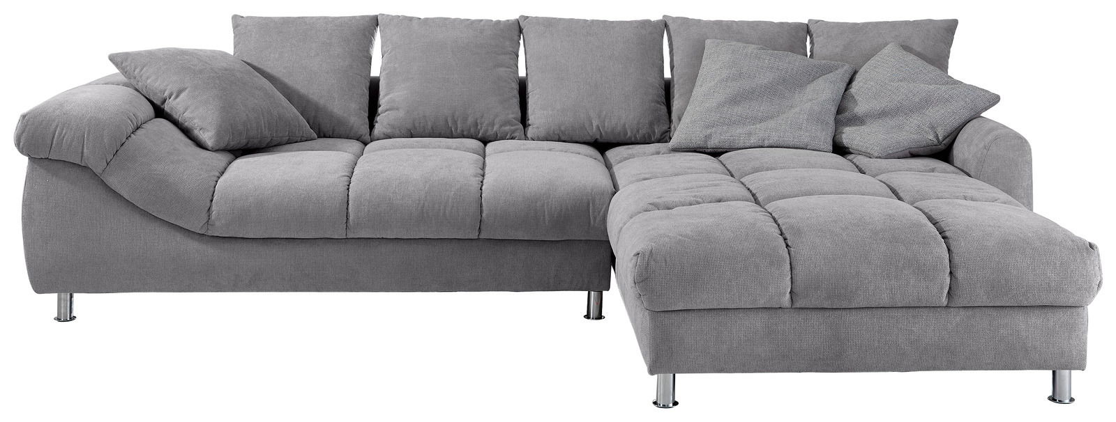 Graues Ecksofa der Serie BROOKLYN mit fünf Rückenkissen und zwei Zierkissen, Perspektive von vorne.