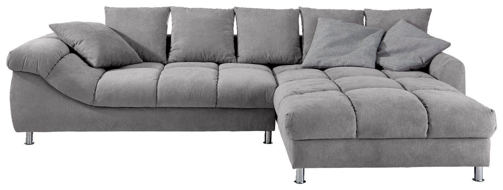 Graues Ecksofa der Serie BROOKLYN mit fünf Rückenkissen und zwei Zierkissen, Perspektive von vorne.