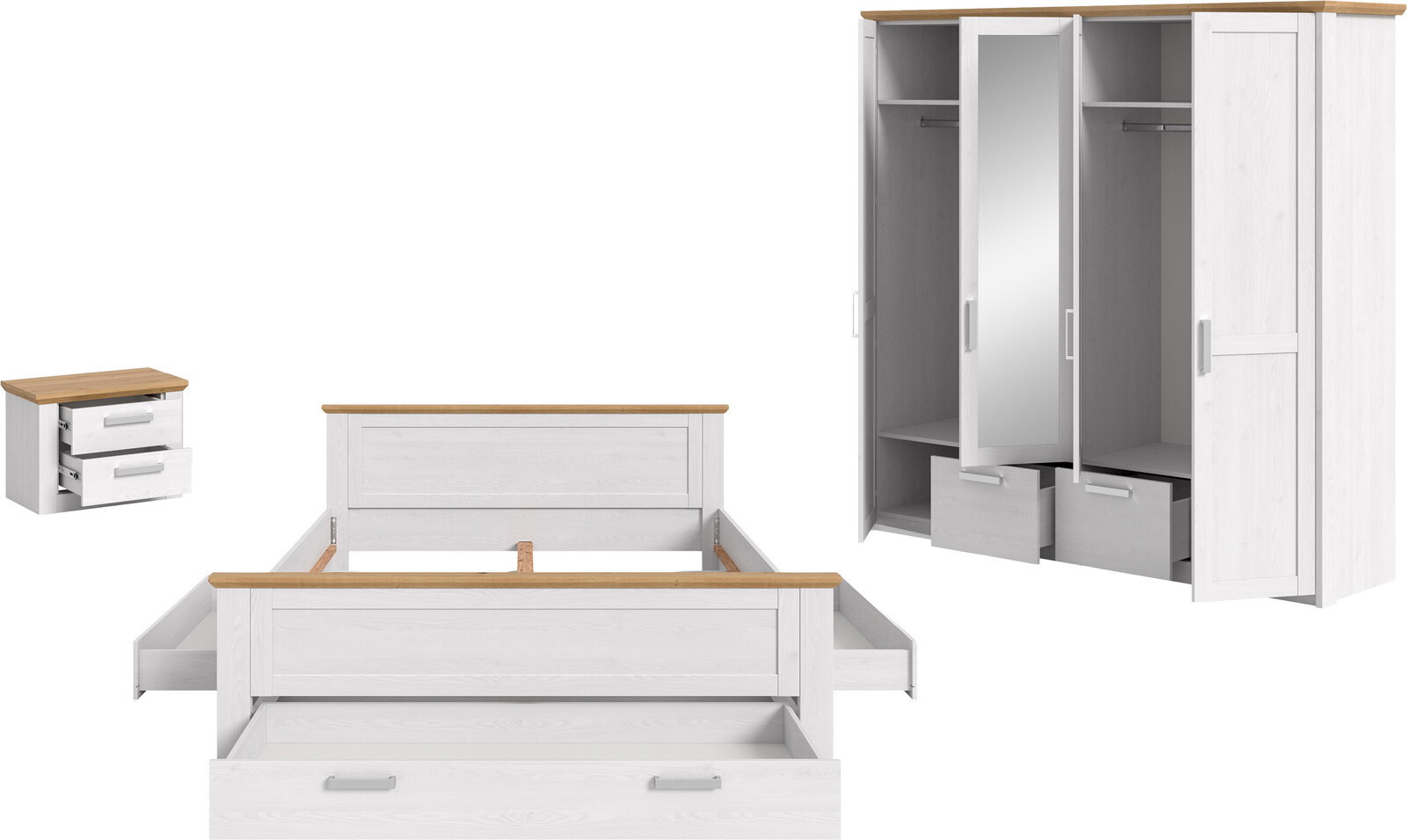Weißes Schlafzimmermöbel-Set im Landhausstil mit Holzoptik-Absetzungen: Bettgestell mit Bettkasten-Schubladen, Kleiner Nachttisch mit geöffneten Schubladen und 3-türiger Kleiderschrank mit Spiegel und geöffneten Türen, Frontansicht.