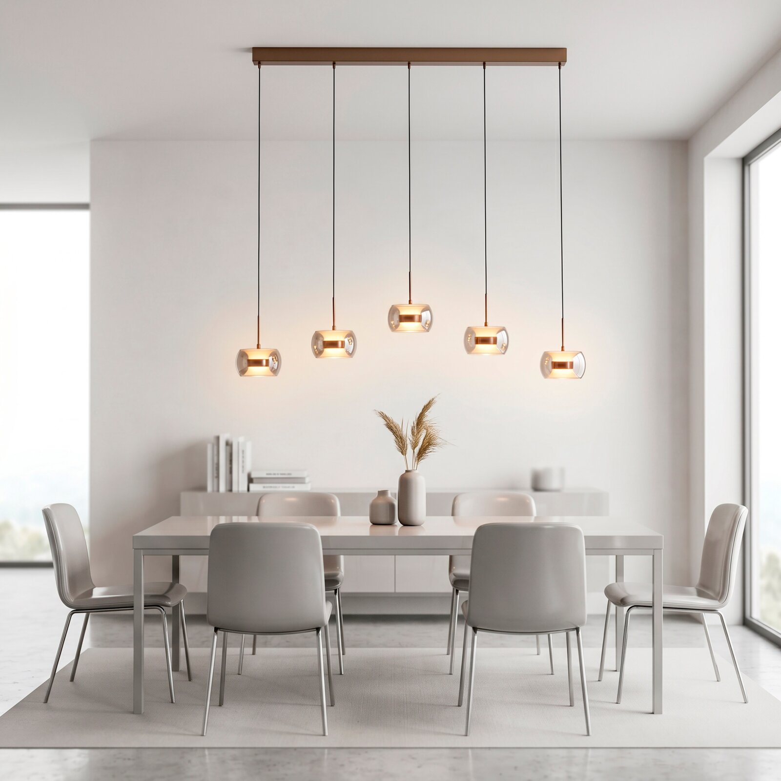 Moderne 5-flammige Pendelleuchte mit fünf Glas-Schirmen und warmem Licht über einem weißen Esstisch in minimalistischem Esszimmer, Frontalansicht auf Augenhöhe