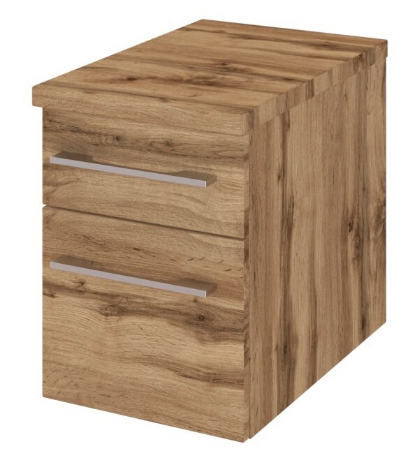 Unterschrank aus Holz mit zwei Schubladen, perspektivisch von vorne rechts fotografiert