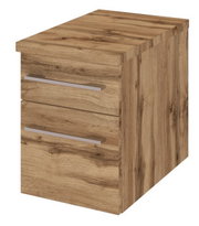 Unterschrank aus Holz mit zwei Schubladen, perspektivisch von vorne rechts fotografiert
